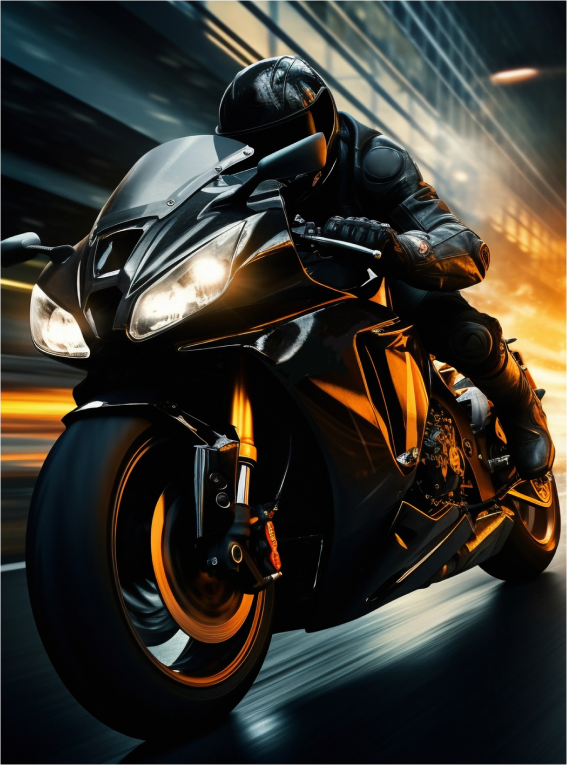 Hombre condiciendo moto deportiva a alta velocidad en la noche